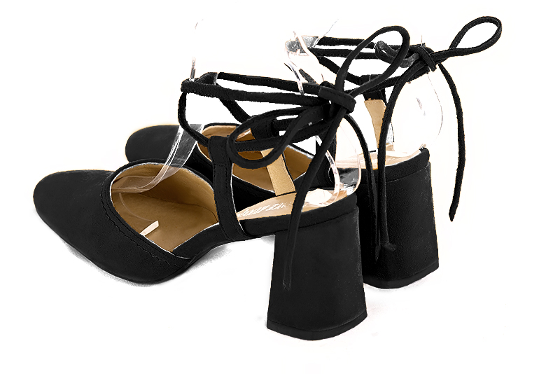 Matt black women's open back shoes, with crossed straps. Round toe. High flare heels. Rear view - Florence KOOIJMAN